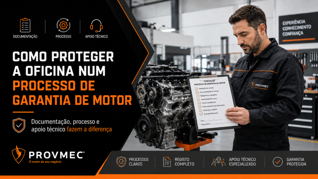 Mecânico numa oficina a verificar uma checklist técnica junto a um motor, representando a proteção da oficina num processo de garantia de motor