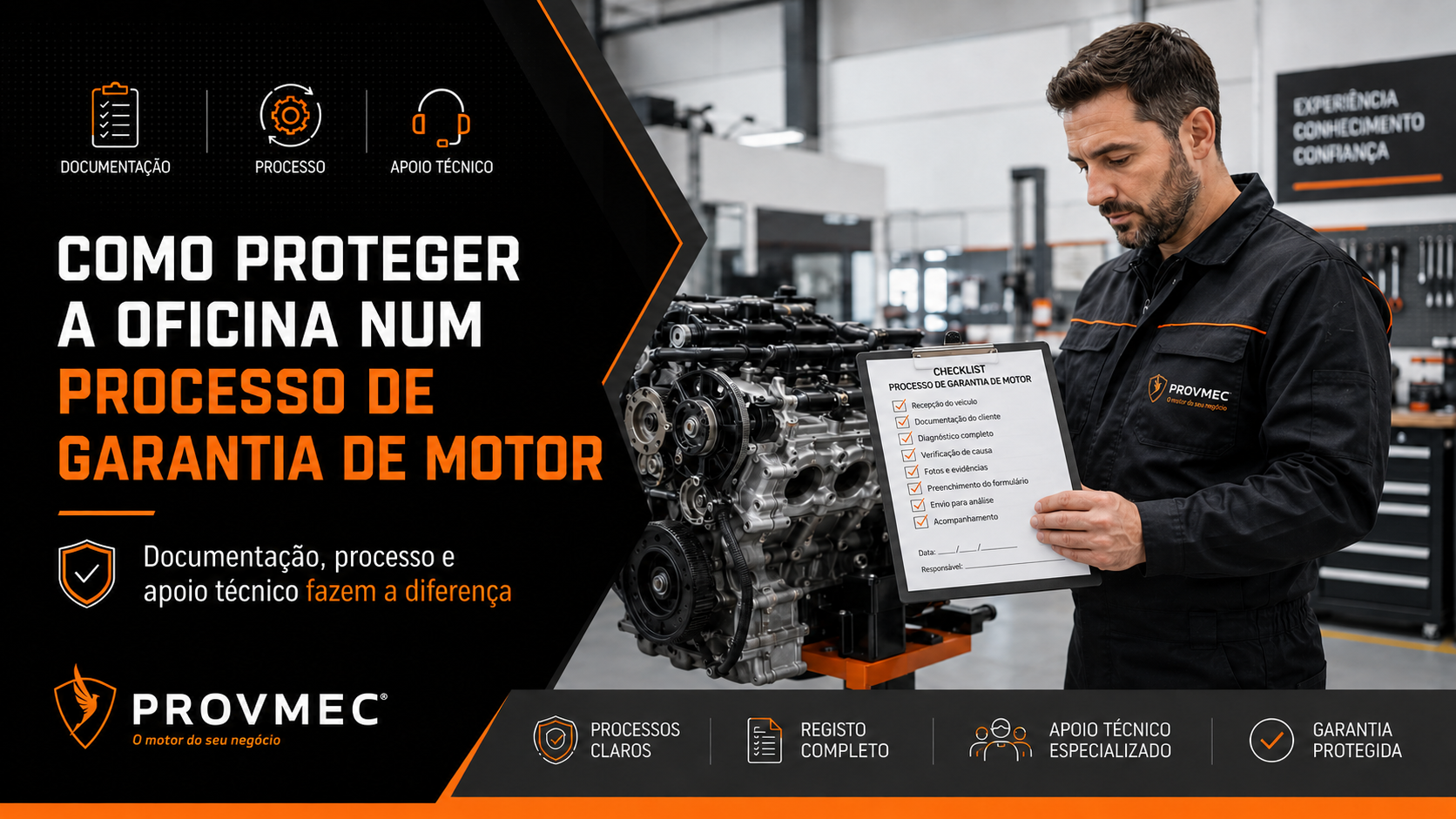 Mecânico numa oficina a verificar uma checklist técnica junto a um motor, representando a proteção da oficina num processo de garantia de motor