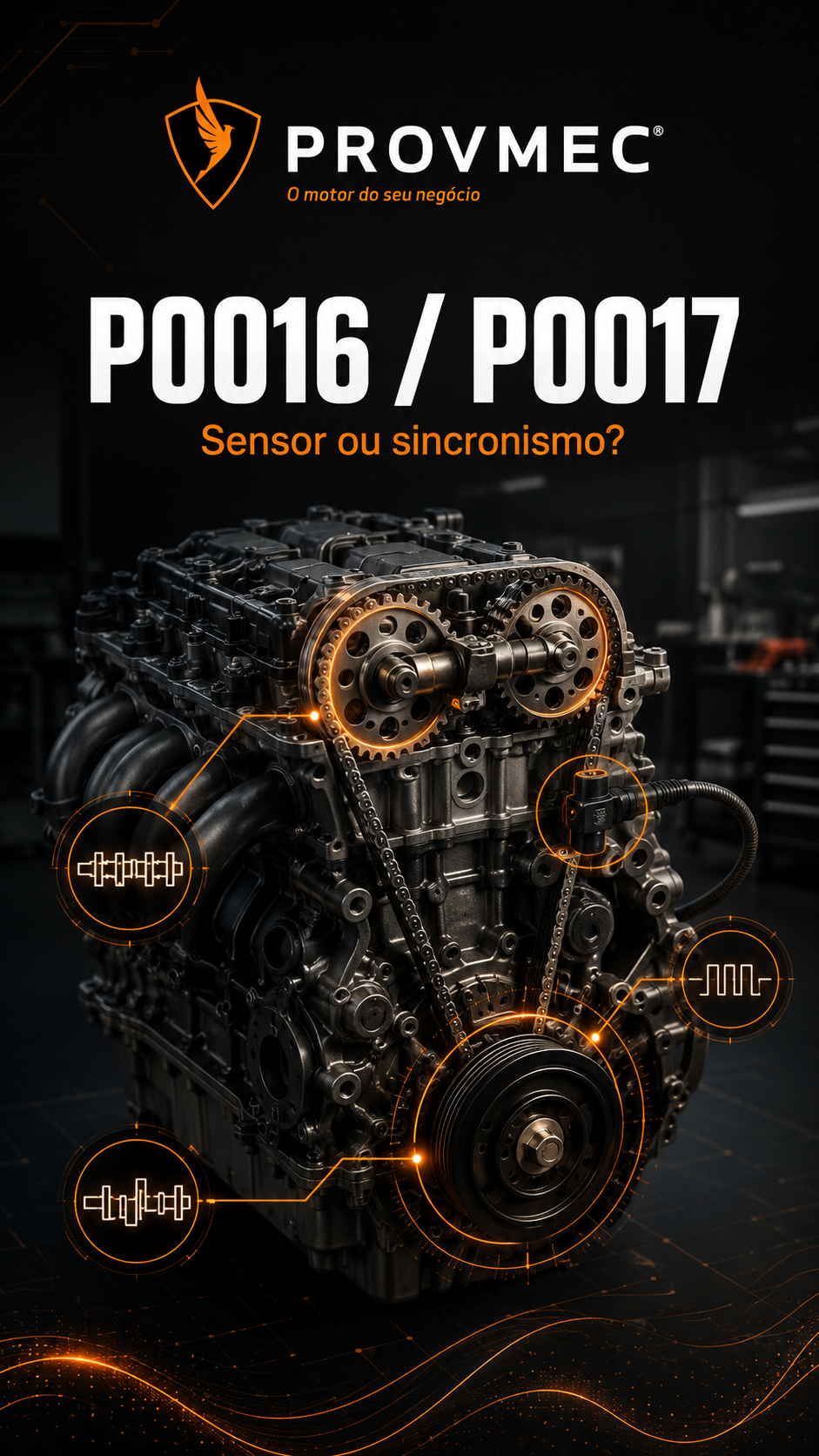 Motor com distribuição exposta e equipamento de diagnóstico eletrónico, representando análise dos códigos P0016 e P0017 antes da substituição de sensores.